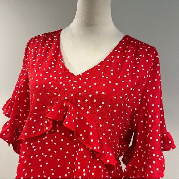 Red Polka Dot v-neck Ruffle short sleeves mini Dress size medium - Picture 2 of 11